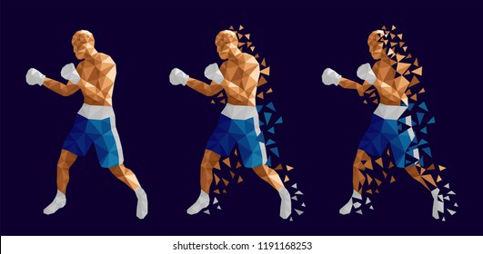Boxer abstract design, three men wearing boxing gloves, shorts and trainers on abstract background (Blue and white kits) , vector illustration, set 6/13