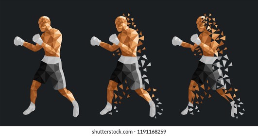 Boxer abstract design, three men wearing boxing gloves, shorts and trainers on abstract background,(Black and white kits)  vector illustration, set 9/13