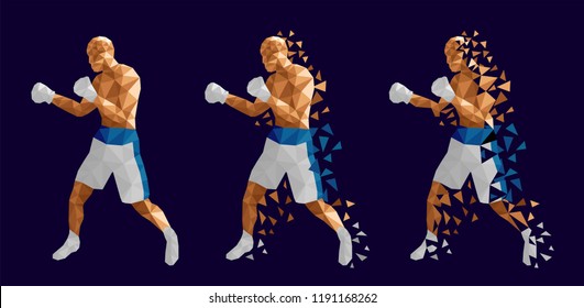 Boxer abstract design, three men wearing boxing gloves, shorts and trainers on abstract background (Blue and white kits) , vector illustration, set 5/13