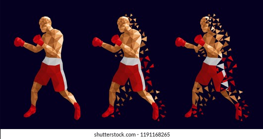 Boxer abstract design, three men wearing boxing gloves, shorts and trainers on abstract background, (Red and white kits) vector illustration, set 13/13