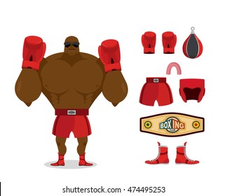 Boxer and accessory set. Sportsman champion. Sport Kit: boxing gloves and cap. pear and shorts. Protective helmet and boots. Belt winner fights and competitions
