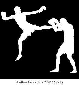 boxer in action kick and defense silhouette
