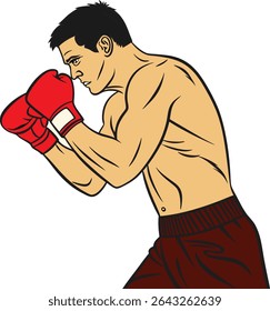 Boxer in action wearing boxing gloves ready to fight in cartoon style