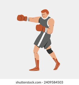 Boxer en la pose de asalto. Ilustración vectorial del carácter de salvador en acción. Diseño de caricaturas planas de boxeo. 