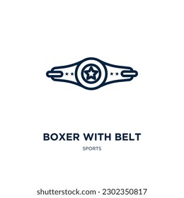 Boxer mit Gürtelsymbol aus der Sportsammlung. Dünner Linearboxer mit Gürtel, Wettbewerb, Boxer Umriss Symbol einzeln auf weißem Hintergrund. Linear-Vektorboxer mit Gürtelschild, Symbol für Web und Mobile