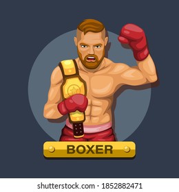 Boxer, boxing athlete with championship belt character concept in cartoon illustration vector