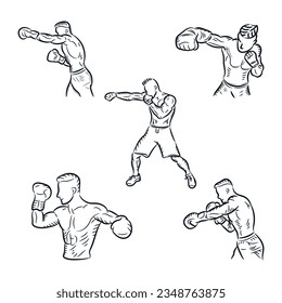 Boxer boxing exercise hand drawn line drawing collection. Sport punch training, vector icon logo vintage sketch illustration