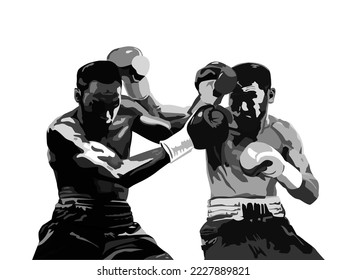 Boxer boxing fight black and white graphics drawn silhouette. Vector illustration clipart.