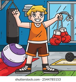 Boxer with Boxing Gloves Colored Cartoon 