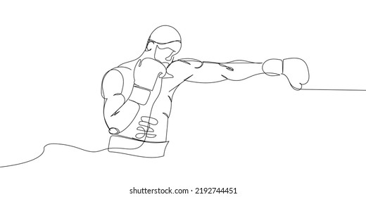 Boxer, boxing gloves, hit one line art. Continuous line drawing protective mask, boxing, fight, athletes, battle, man, sport, boxing ring.