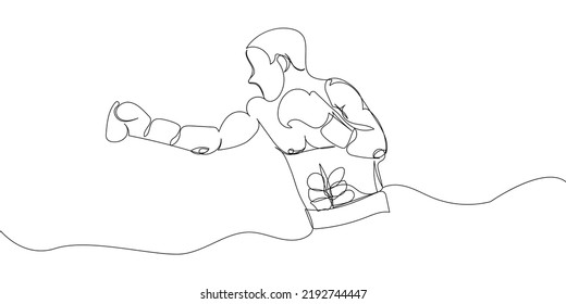 Boxer en guantes de boxeo de una línea de arte. Golpe continuo de dibujo de línea, máscara protectora, guantes de boxeo, lucha, atletas, batalla, hombre, deporte, anillo de boxeo.