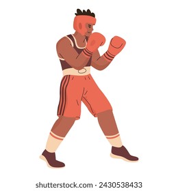 Ein Boxer in Boxhandschuhen steht in einer Kampfhaltung. Teilnahme an ersten Sportarten. Sommersport. Vektor-Illustration isoliert auf transparentem Hintergrund.