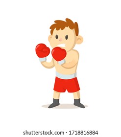 Boxer boy in boxing gloves standing. Sport and fitness. Colorful cartoon flat vector illustration. Isolated on white background.