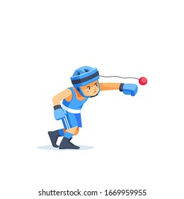 Boxer boy training with an expander Fight ball  Boy throwing a fierce and powerful punch. Vector illustrated of boxer kid isolated on white background. Strength and motivation.