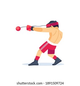 Un niño de Boxer entrenando con un expansor de Fight ball Boy lanzando un fuerte puñetazo. Equipo especial de entrenamiento en la cabeza. Vista posterior. Vector ilustrado del niño boxer aislado en fondo blanco