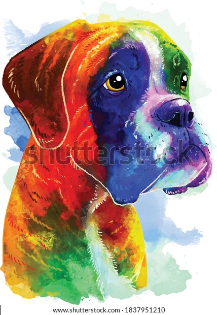 Boxer (breed) colorful dog\
portrait. Watercolor hand drawn illustration converted into\
vector.