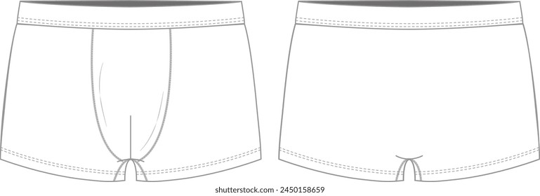 Ilustración técnica de la ropa interior de los briefs del boxeador con la cintura elástica, piel atlética apretada. Troncos planos de maqueta CAD unisex.