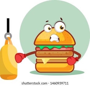 Boxer burger wears boxing gloves, illustration, vector on white background.