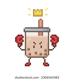 Boxer character, pixel art bubble tea