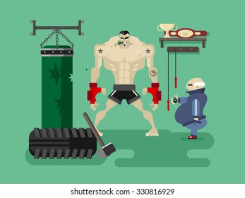 Boxer character in training. Sport boxing, power fighter, flat vector illustration