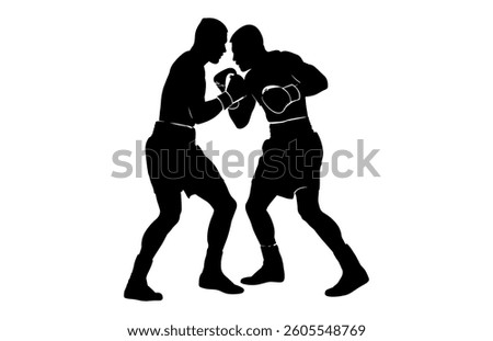 Boxer connecting a knockout punch Silhouette Set, Two Boxers Fighting Vector Black Clipart bundle