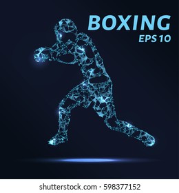 Boxer consists of points, lines and triangles. The polygon shape in the form of a silhouette of a boxer on a dark background. Vector illustration. Graphic concept of Boxing.