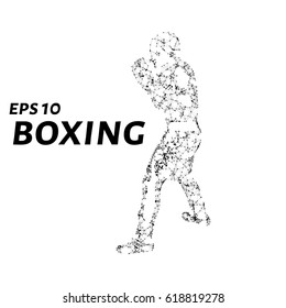 Boxer consists of points, lines and triangles. The polygon shape in the form of a silhouette of a boxer on a dark background. Vector illustration