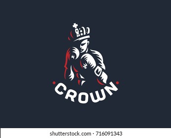 Boxer in the crown. The vector emblem. Engraving.