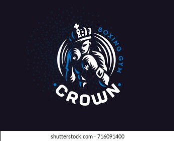 Boxer in the crown. The vector emblem. Engraving.
