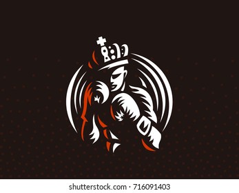 Boxer in the crown. The vector emblem. Engraving.