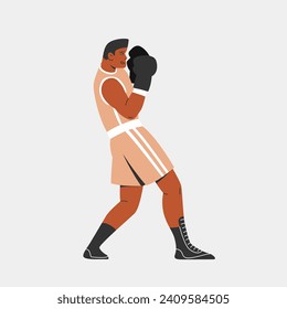 Boxer in a defensive pose. Vector illustration of sparrer character in action. Boxing flat cartoon design. 