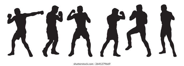Boxer in different pose black silhouette set . boxers in action with various poses . EPS 10