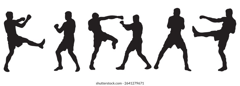 Boxer in different pose black silhouette set . boxers in action with various poses . EPS 10