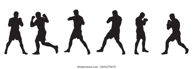Boxer in different pose black silhouette set . boxers in action with various poses . EPS 10