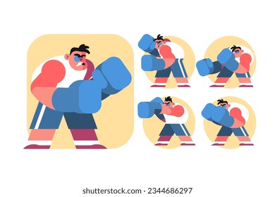 Boxer in Different Poses, vector illustration. Man wearing blue gloves, red shorts, and a blue tank top demonstrates boxing moves.