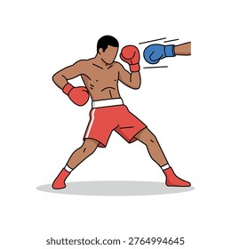 Boxer dodging punch, leaning sideways, motion pose, isolated vector on white