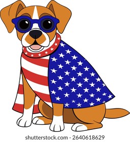 Boxer dog in 4th of July disguise celebrating independence day USA , wearing American flag pattern cape, uncle Sam hat and sunglasses. Vector colorful illustration on a white background.
