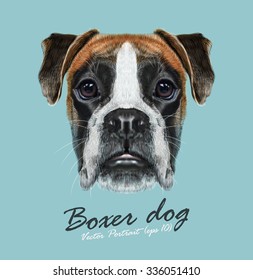 Boxer dog animal cute face. Vector fawn German boxer puppy head portrait. Realistic fur portrait of purebred brown boxer doggy isolated on blue background.