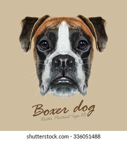 Boxer dog animal cute face. Vector fawn German boxer puppy head portrait. Realistic fur portrait of purebred brown boxer doggy isolated on beige background.