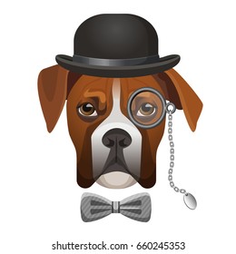 Boxer dog in bowler hat, bow and magnifier glass on eye portrait vector illustration isolated on white. Cartoon character dog-sniffer sleuthhound svg