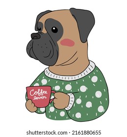 Boxer Dog Drinking Coffee Cartoon Vector Illustration