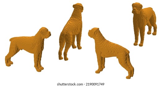 Boxer Hund aus Würfeln. Voxelkunst. Futuristisches Konzept. 3D-Vektorgrafik. Dimetrische Projektion.