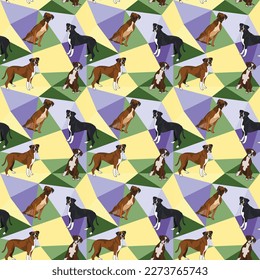 Boxer Hund auf mosaikem, geometrischem Hintergrund. Funky, bunter Look, Regenbogenfarbpalette. Einfache, saubere, moderne Textur. Geometrischer, polygonischer Stil. Sommernahtloses Muster mit Hunden.Dreiecke.