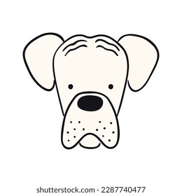 Boxer dog, puppy face cute funny cartoon character illustration. Hand drawn vector, isolated. Line art. Domestic animal logo. Design concept pet food, branding, business, vet, print, poster