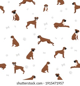 Boxer dog seamless pattern. Different poses, puppy.  Vector illustration