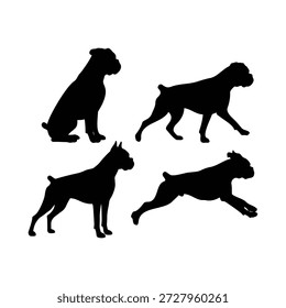 Boxer cão sentado, saltando, correndo, de pé silhueta vetor plano projeto de ilustração.