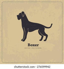 Boxer dog standing in profile stylized silhouette on shabby vintage background. All objects are conveniently grouped on different layers.