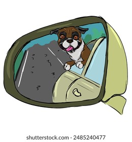 A boxer dog with its tongue out is seen through the rearview mirror of a moving car on an open road