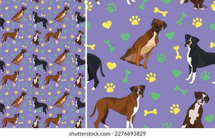 Boxer dogs on a playful violet background with bones, hearts, paws. Funky, colorful vibe, vibrant palette. Simple, clean, modern texture. Summer seamless pattern with dogs. Birthday present, card.