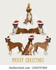 Boxer dogs wearing winter hats. Cute funny dogs. Character design. Abstract Christmas tree. Vector illustration. Merry Christmas greeting card with cute funny dogs. Fawn Boxer character.